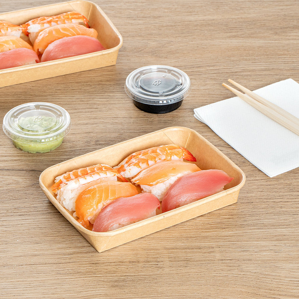 Matsuri Vision 8 oz Rectangle Kraft Paper Sushi Container - 6 1/2" x 4 1/2" x 1" - 100 count box