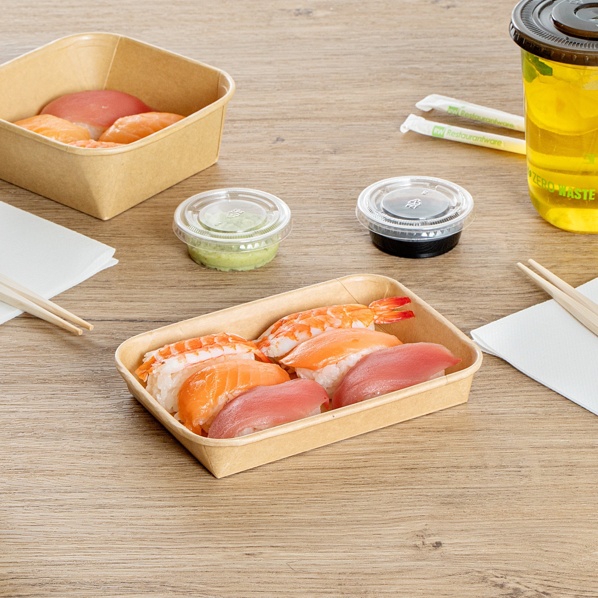 Matsuri Vision 8 oz Rectangle Kraft Paper Sushi Container - 6 1/2" x 4 1/2" x 1" - 50 count box