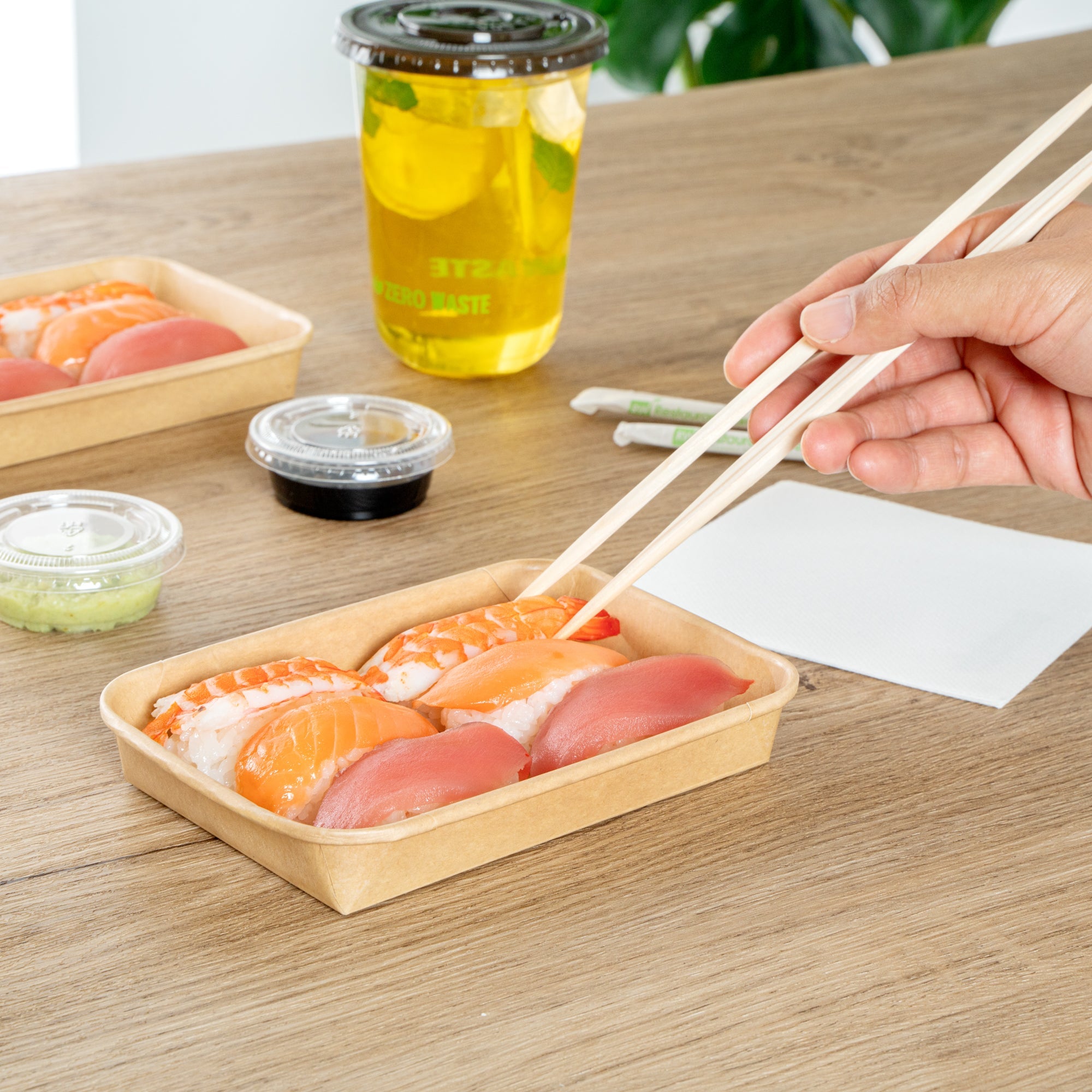 Matsuri Vision 8 oz Rectangle Kraft Paper Sushi Container - 6 1/2" x 4 1/2" x 1" - 100 count box