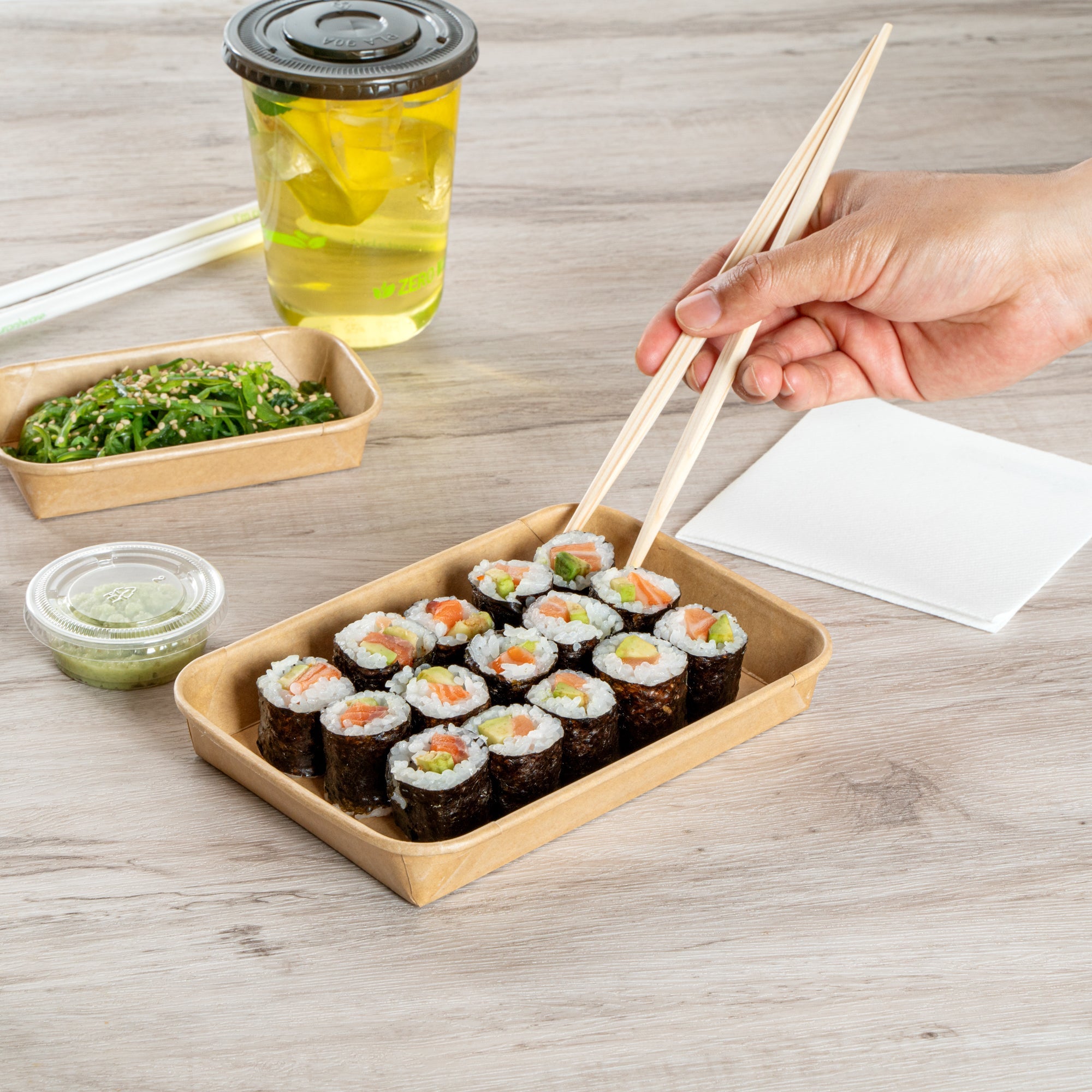 Matsuri Vision 11 oz Rectangle Kraft Paper Sushi Container - 7 1/4" x 5" x 1" - 50 count box