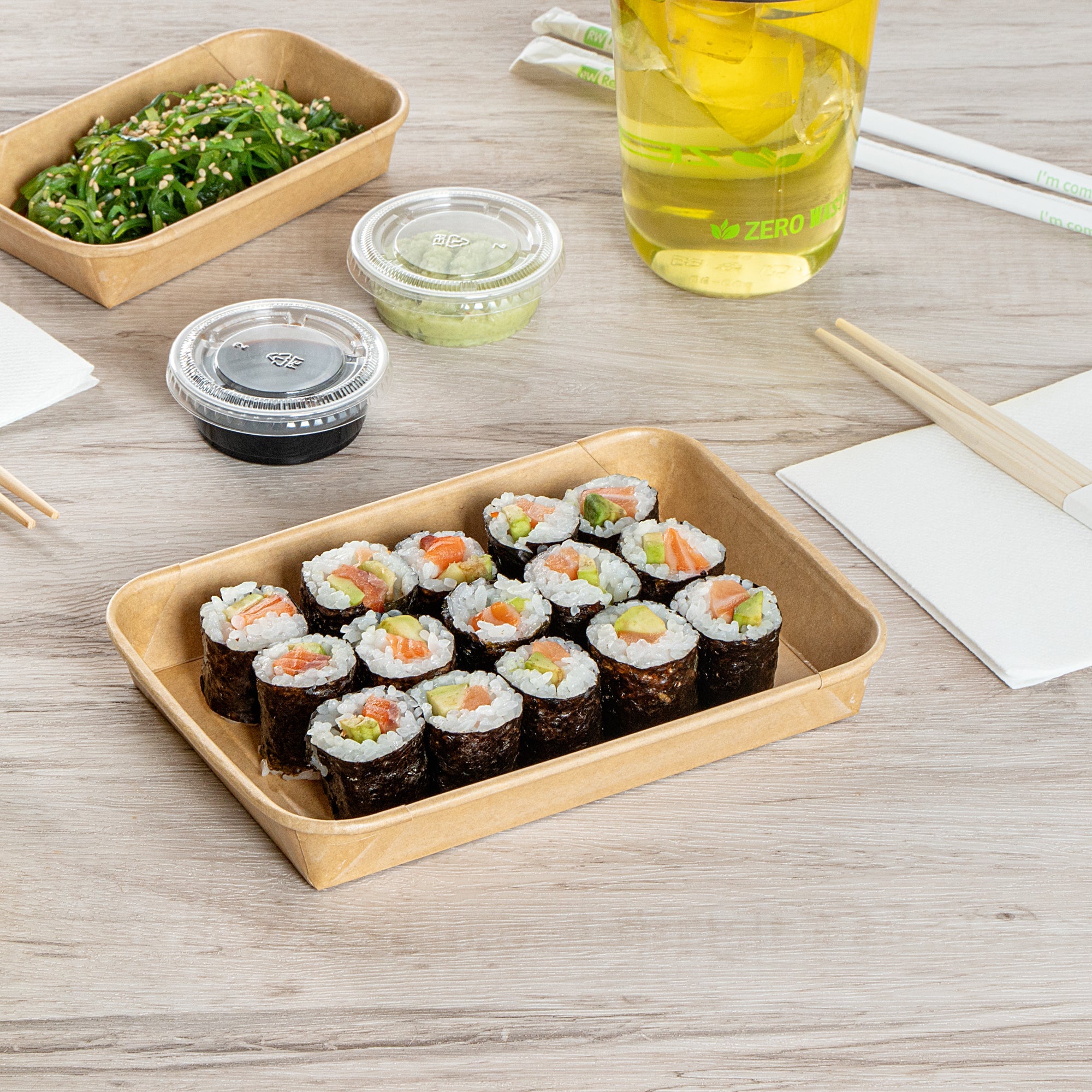 Matsuri Vision 11 oz Rectangle Kraft Paper Sushi Container - 7 1/4" x 5" x 1" - 50 count box