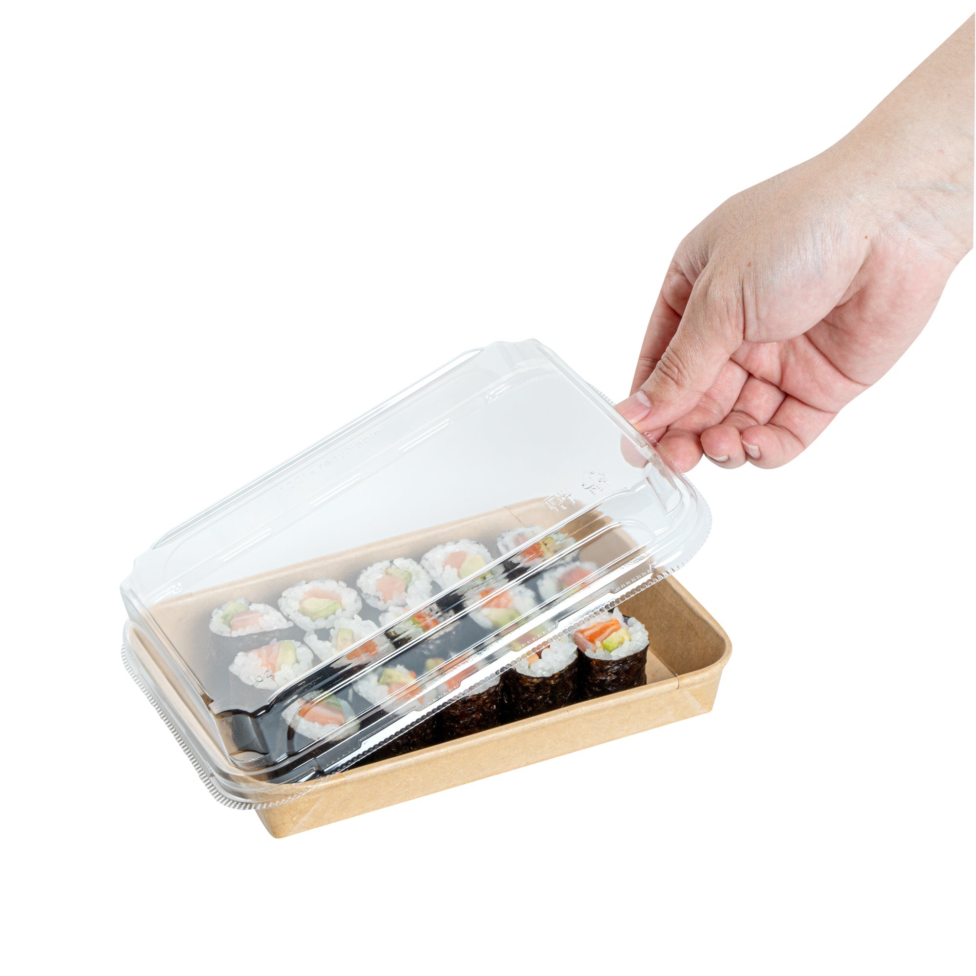 Matsuri Vision Clear PET Plastic Lid - Fits 11 oz Sushi Container, Anti-Fog - 100 count box
