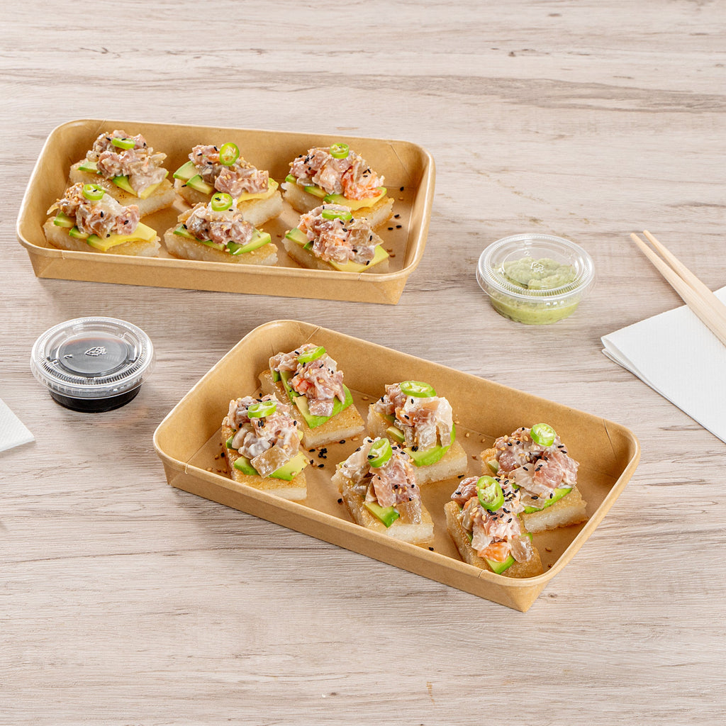 Matsuri Vision 15 oz Rectangle Kraft Paper Sushi Container - 8 3/4" x 5 1/2" x 1" - 50 count box
