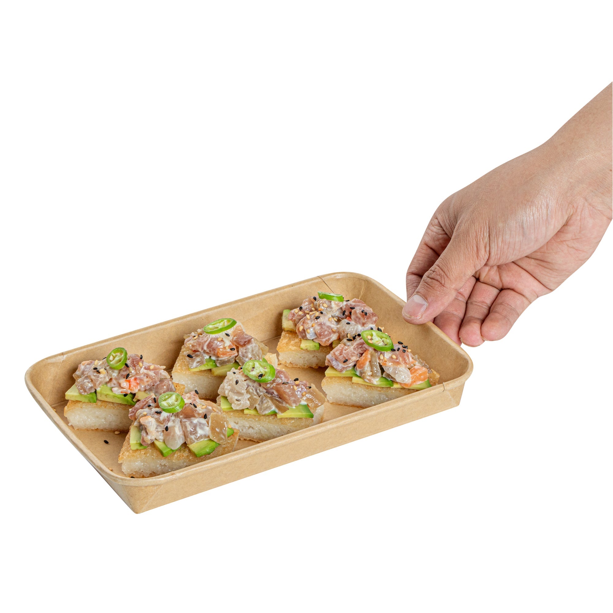 Matsuri Vision 15 oz Rectangle Kraft Paper Sushi Container - 8 3/4" x 5 1/2" x 1" - 50 count box