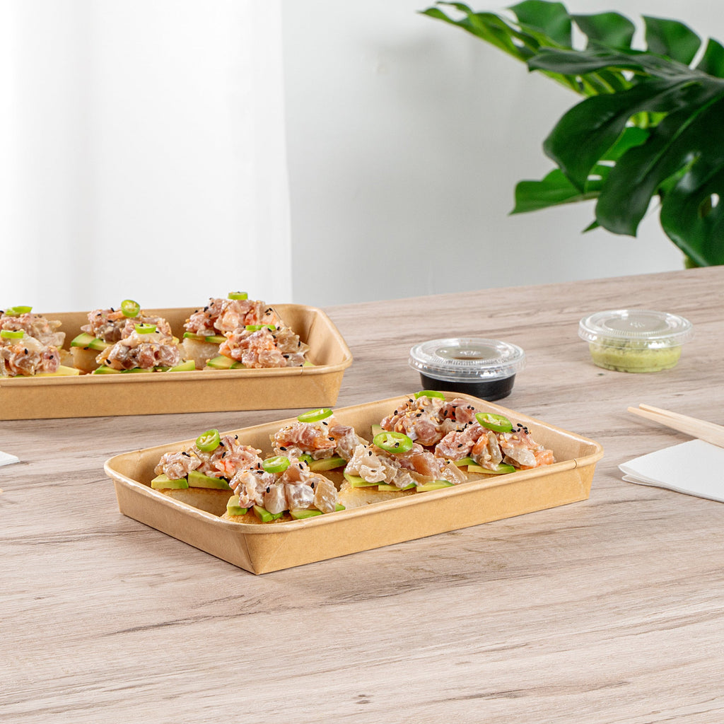 Matsuri Vision 15 oz Rectangle Kraft Paper Sushi Container - 8 3/4" x 5 1/2" x 1" - 50 count box