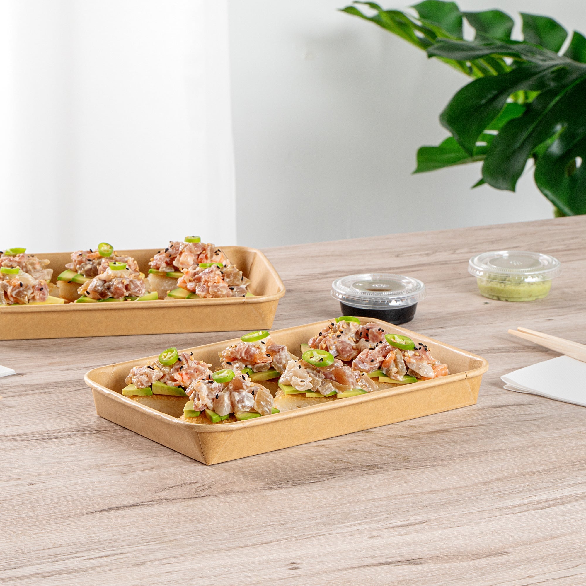 Matsuri Vision 15 oz Rectangle Kraft Paper Sushi Container - 8 3/4" x 5 1/2" x 1" - 50 count box