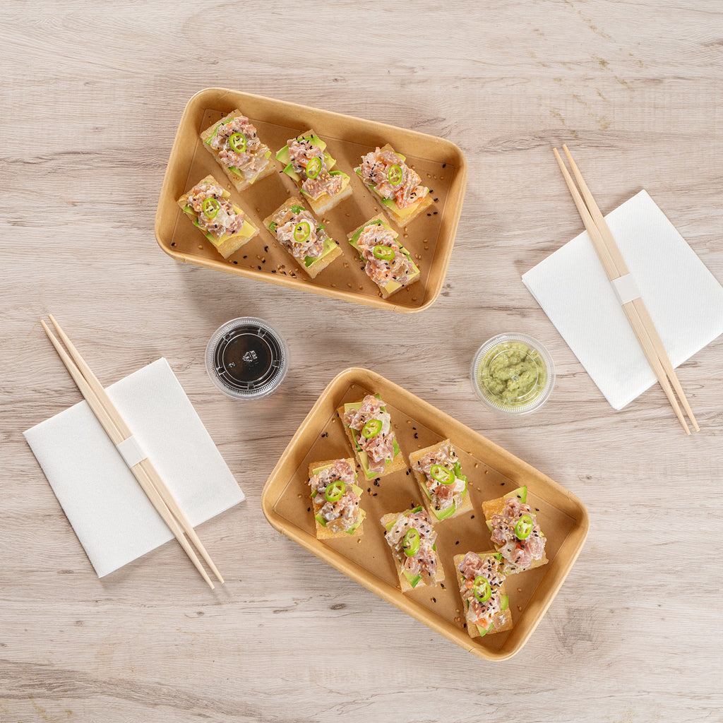 Matsuri Vision 15 oz Rectangle Kraft Paper Sushi Container - 8 3/4" x 5 1/2" x 1" - 50 count box