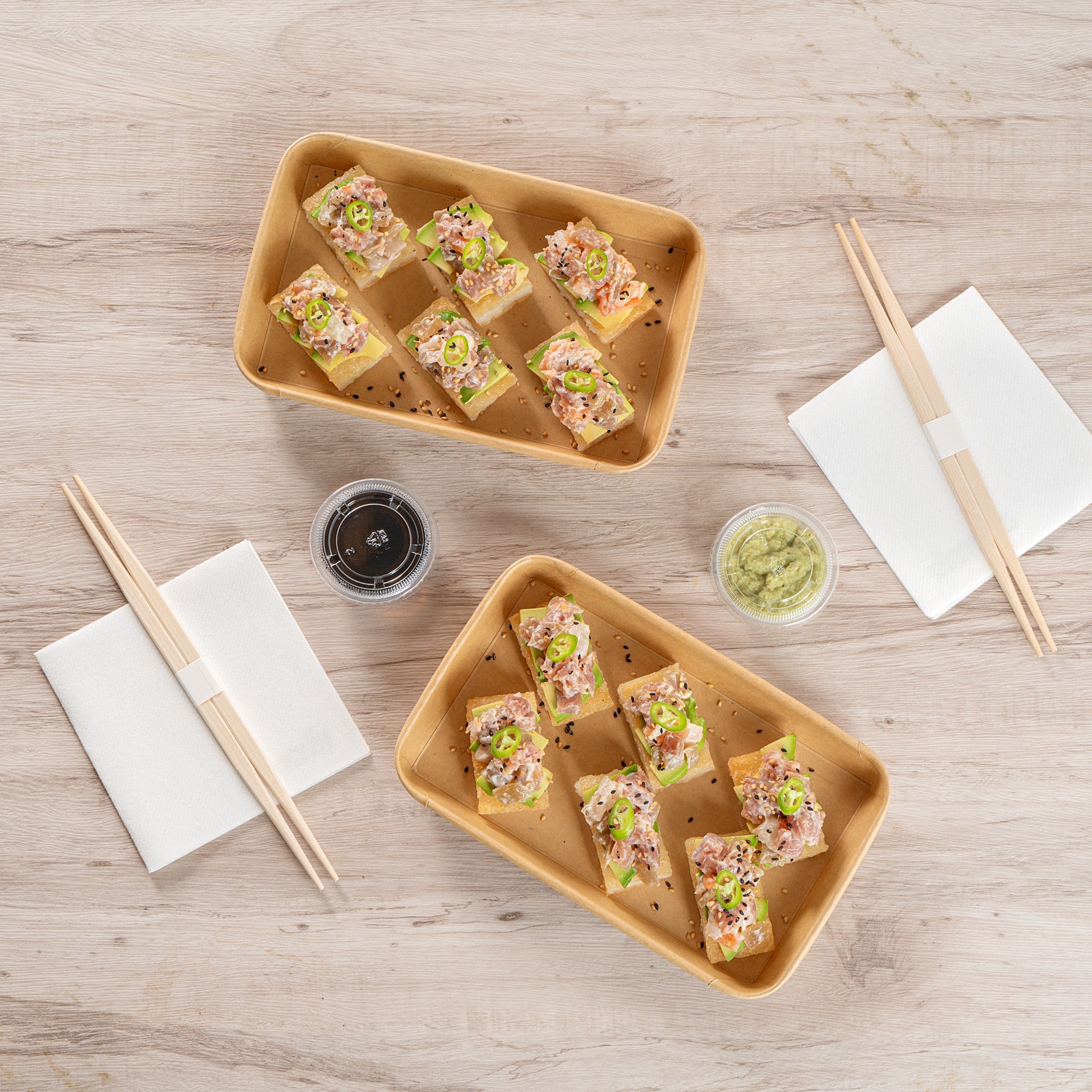 Matsuri Vision 15 oz Rectangle Kraft Paper Sushi Container - 8 3/4" x 5 1/2" x 1" - 50 count box