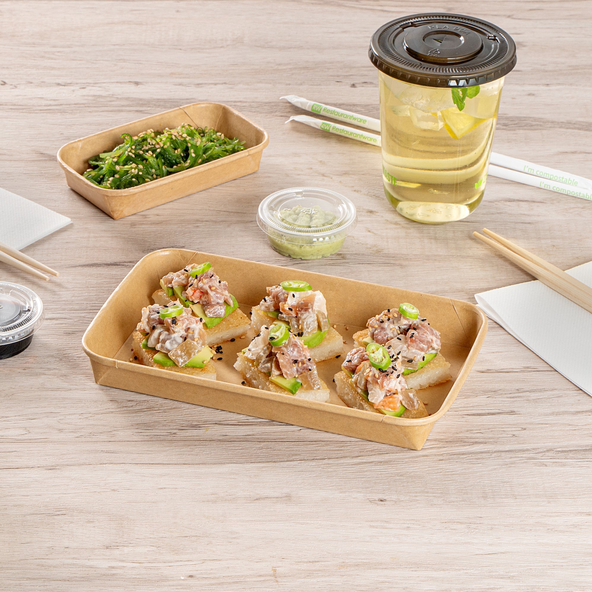 Matsuri Vision 15 oz Rectangle Kraft Paper Sushi Container - 8 3/4" x 5 1/2" x 1" - 50 count box