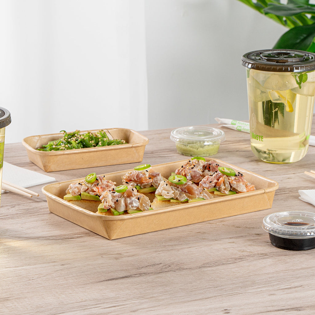 Matsuri Vision 15 oz Rectangle Kraft Paper Sushi Container - 8 3/4" x 5 1/2" x 1" - 50 count box