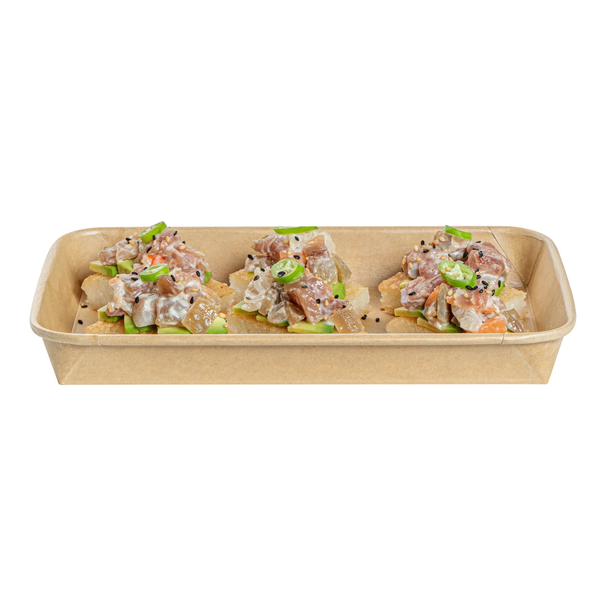 Matsuri Vision 15 oz Rectangle Kraft Paper Sushi Container - 8 3/4" x 5 1/2" x 1" - 100 count box