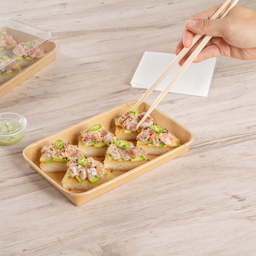 Matsuri Vision 15 oz Rectangle Kraft Paper Sushi Container - 8 3/4" x 5 1/2" x 1" - 100 count box