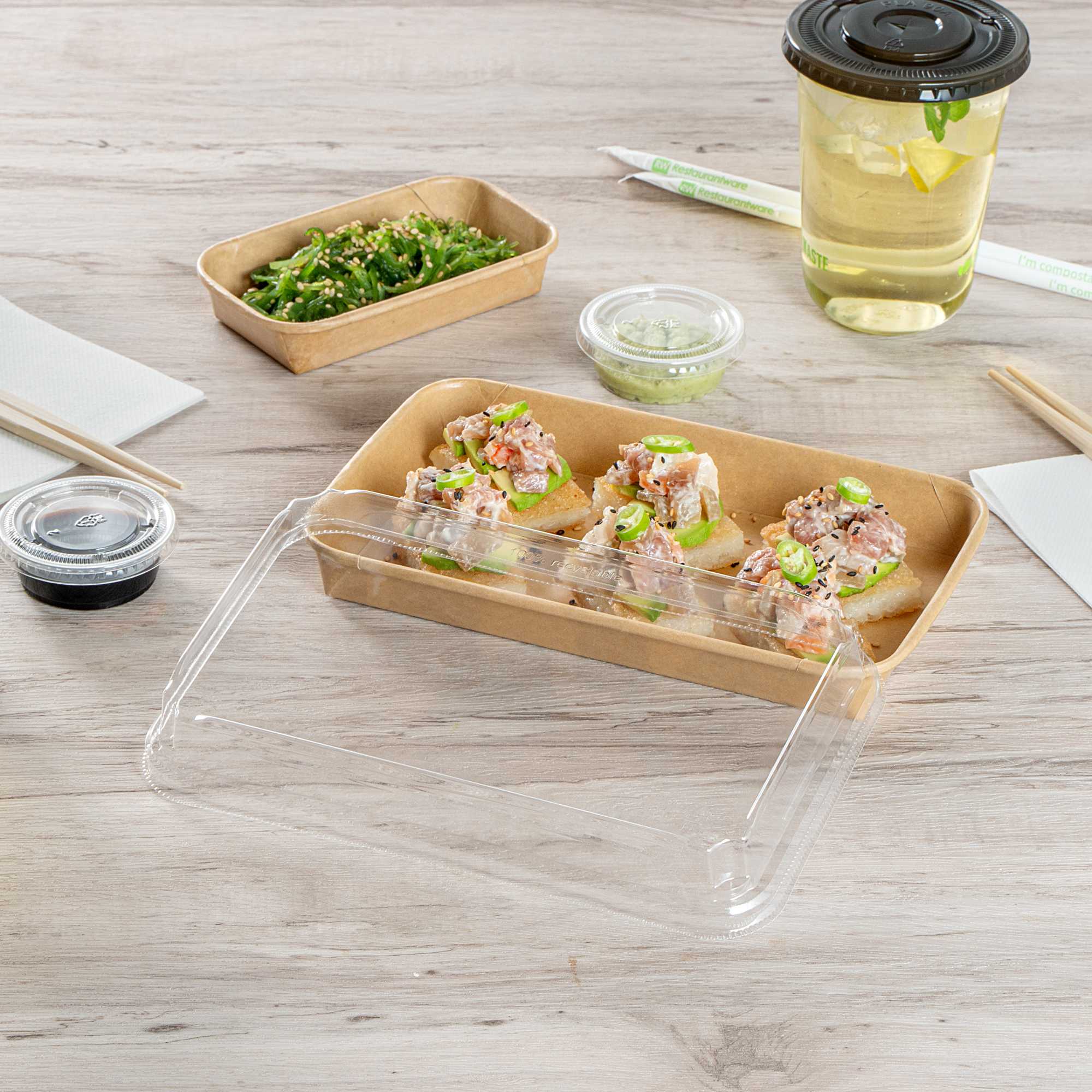 Matsuri Vision Clear PET Plastic Lid - Fits 15 oz Sushi Container, Anti-Fog - 100 count box