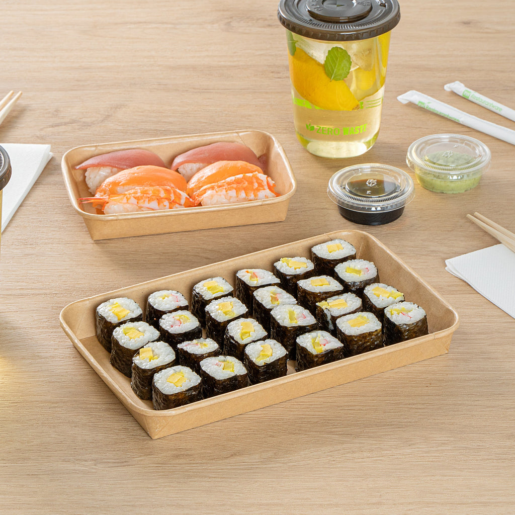 Matsuri Vision 20 oz Rectangle Kraft Paper Sushi Container - 9 1/2" x 6" x 1" - 50 count box
