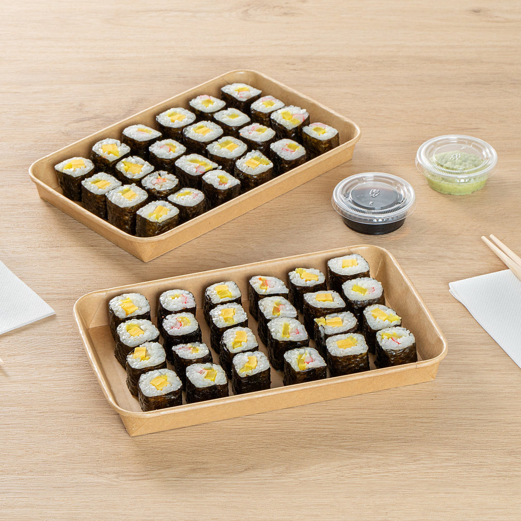 Matsuri Vision 20 oz Rectangle Kraft Paper Sushi Container - 9 1/2" x 6" x 1" - 50 count box