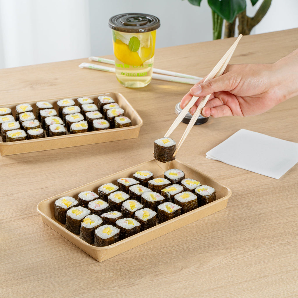 Matsuri Vision 20 oz Rectangle Kraft Paper Sushi Container - 9 1/2" x 6" x 1" - 50 count box