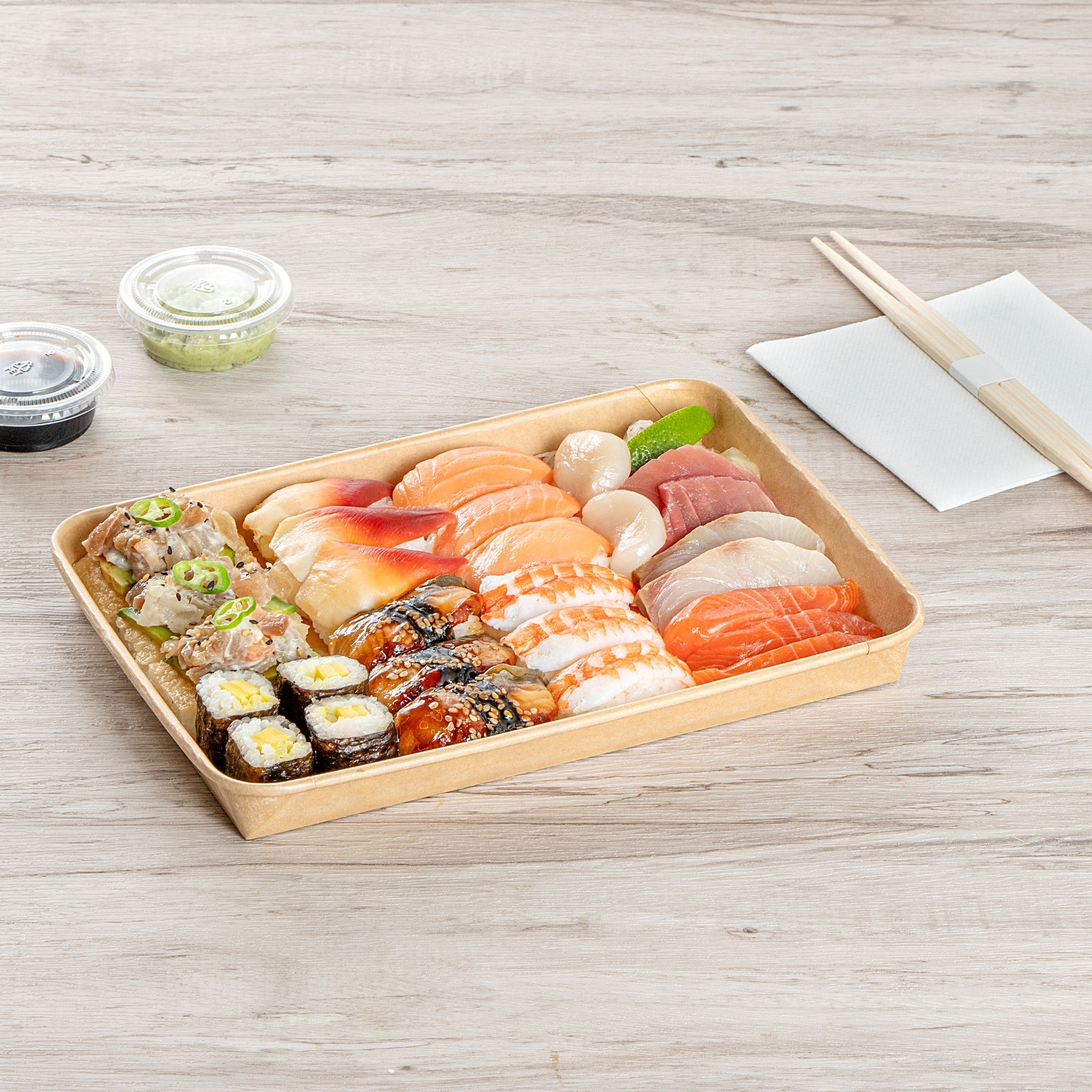 Matsuri Vision 23 oz Rectangle Kraft Paper Sushi Container - 10" x 7 1/4" x 1" - 100 count box