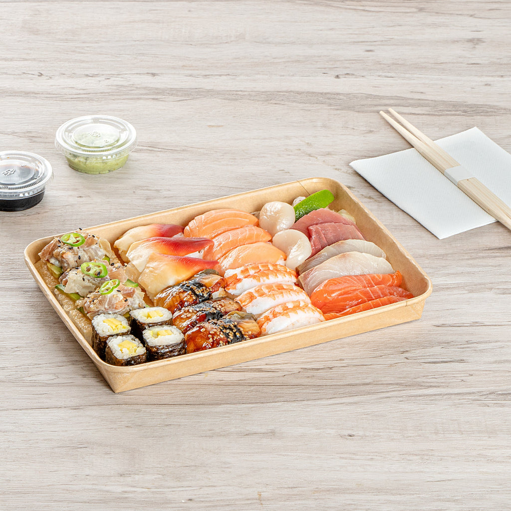 Matsuri Vision 23 oz Rectangle Kraft Paper Sushi Container - 10" x 7 1/4" x 1" - 50 count box