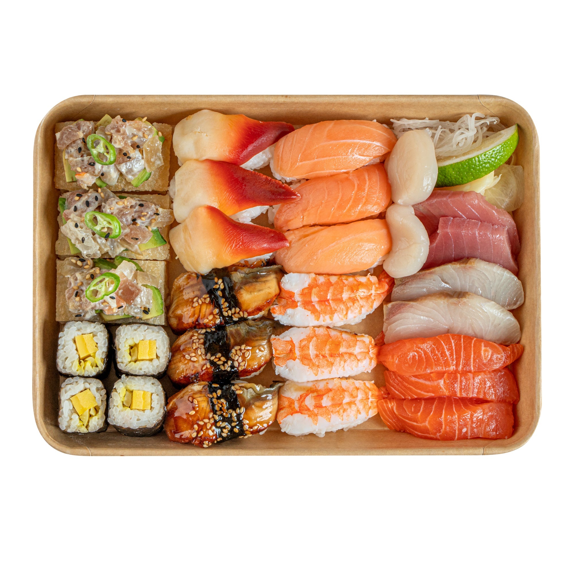 Matsuri Vision 23 oz Rectangle Kraft Paper Sushi Container - 10" x 7 1/4" x 1" - 50 count box