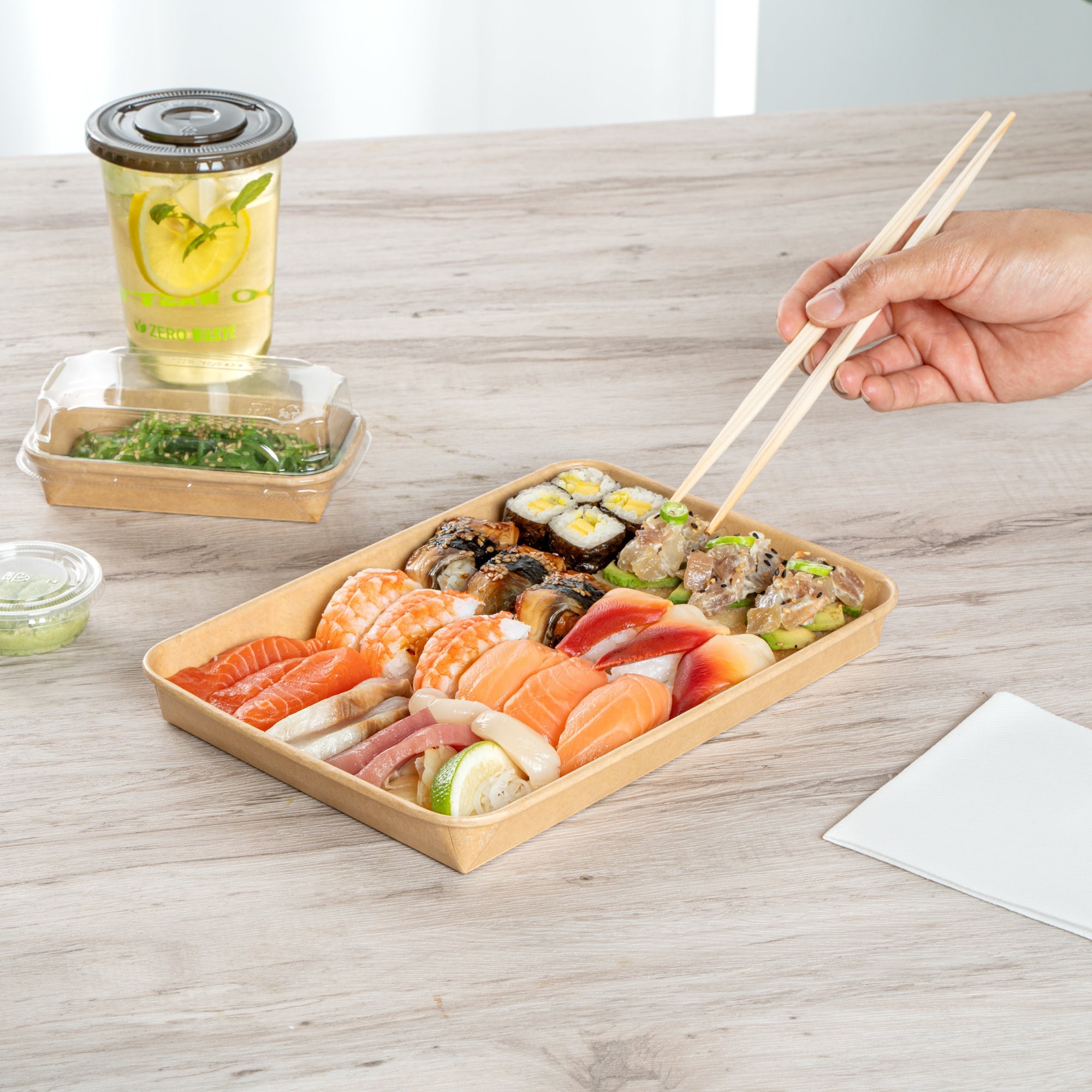 Matsuri Vision 23 oz Rectangle Kraft Paper Sushi Container - 10" x 7 1/4" x 1" - 50 count box