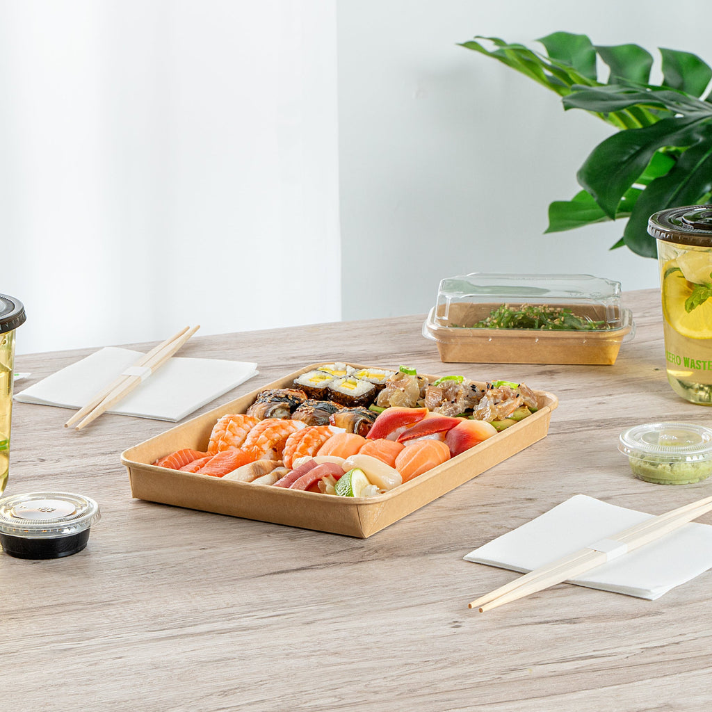 Matsuri Vision 23 oz Rectangle Kraft Paper Sushi Container - 10" x 7 1/4" x 1" - 50 count box