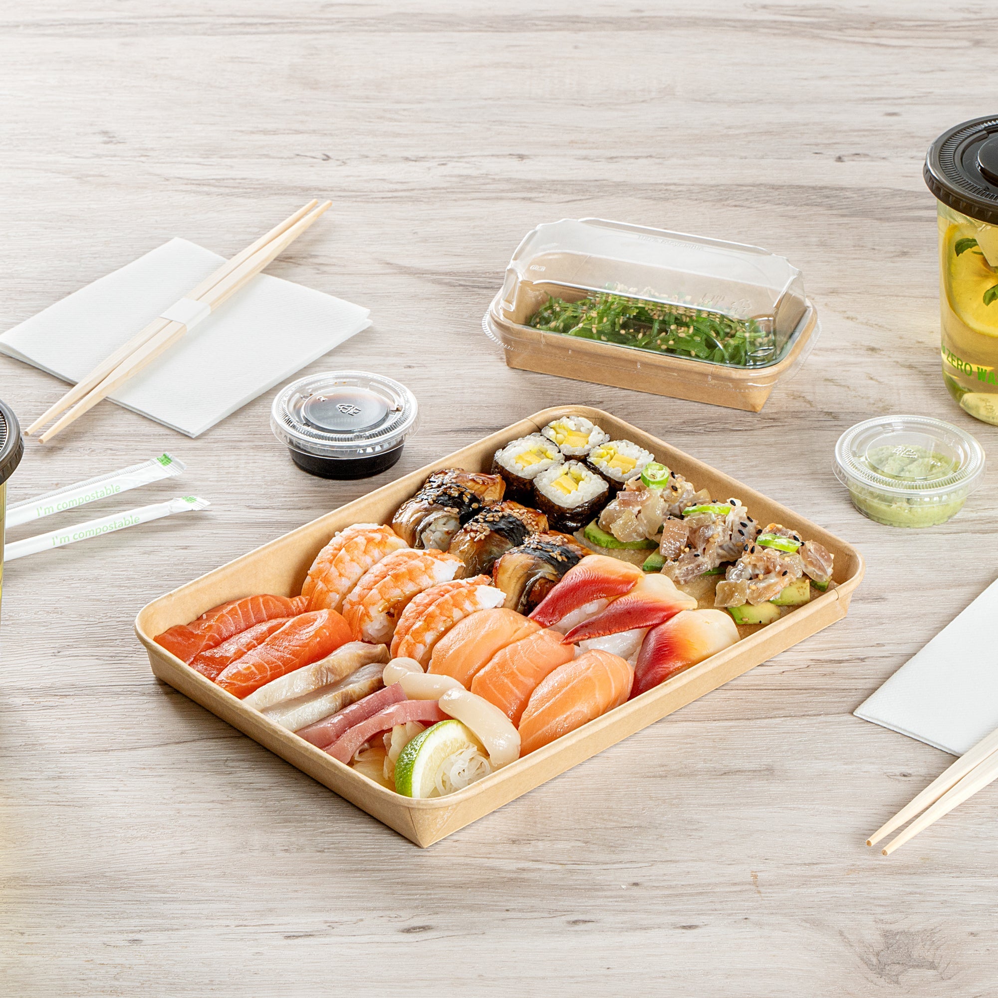 Matsuri Vision 23 oz Rectangle Kraft Paper Sushi Container - 10" x 7 1/4" x 1" - 50 count box