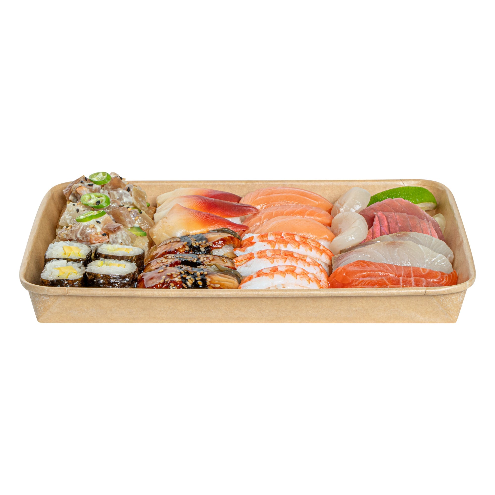 Matsuri Vision 23 oz Rectangle Kraft Paper Sushi Container - 10" x 7 1/4" x 1" - 100 count box
