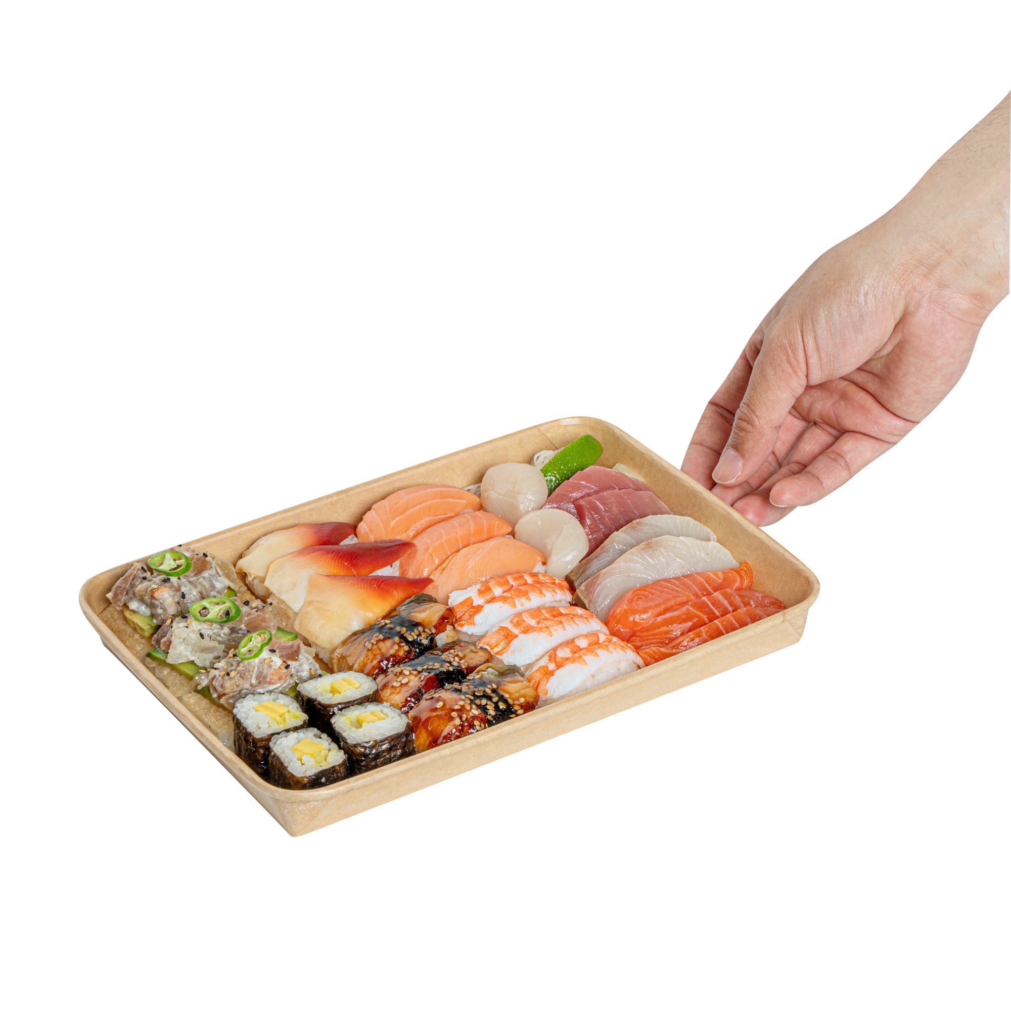 Matsuri Vision 23 oz Rectangle Kraft Paper Sushi Container - 10" x 7 1/4" x 1" - 100 count box