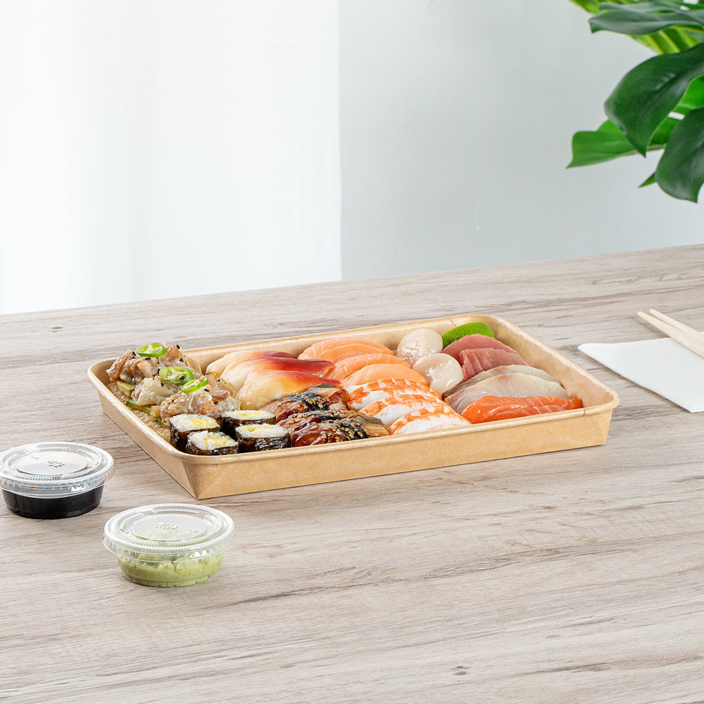 Matsuri Vision 23 oz Rectangle Kraft Paper Sushi Container - 10" x 7 1/4" x 1" - 100 count box