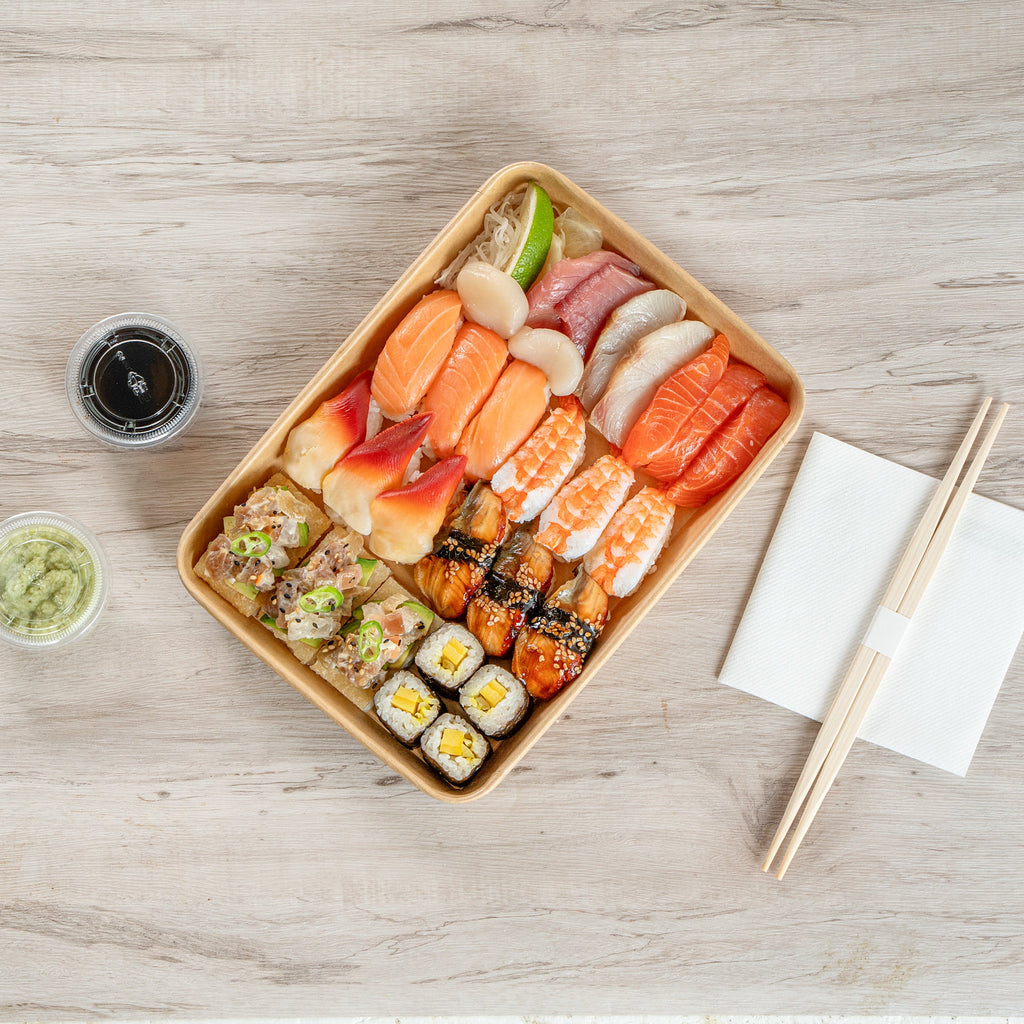 Matsuri Vision 23 oz Rectangle Kraft Paper Sushi Container - 10" x 7 1/4" x 1" - 100 count box