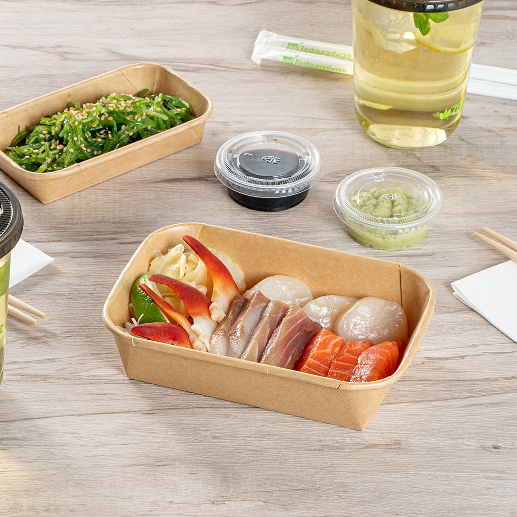 Matsuri Vision 17 oz Rectangle Kraft Paper Sushi Container - 6 1/2" x 4 3/4" x 1 1/2" - 100 count box