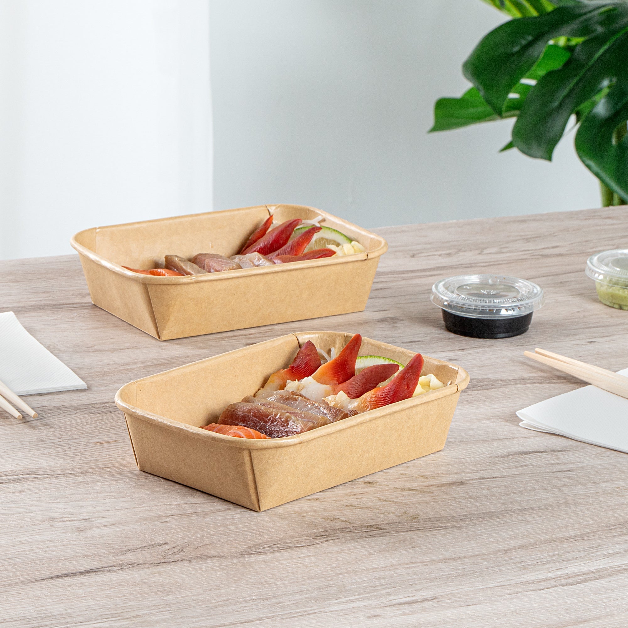 Matsuri Vision 17 oz Rectangle Kraft Paper Sushi Container - 6 1/2" x 4 3/4" x 1 1/2" - 50 count box