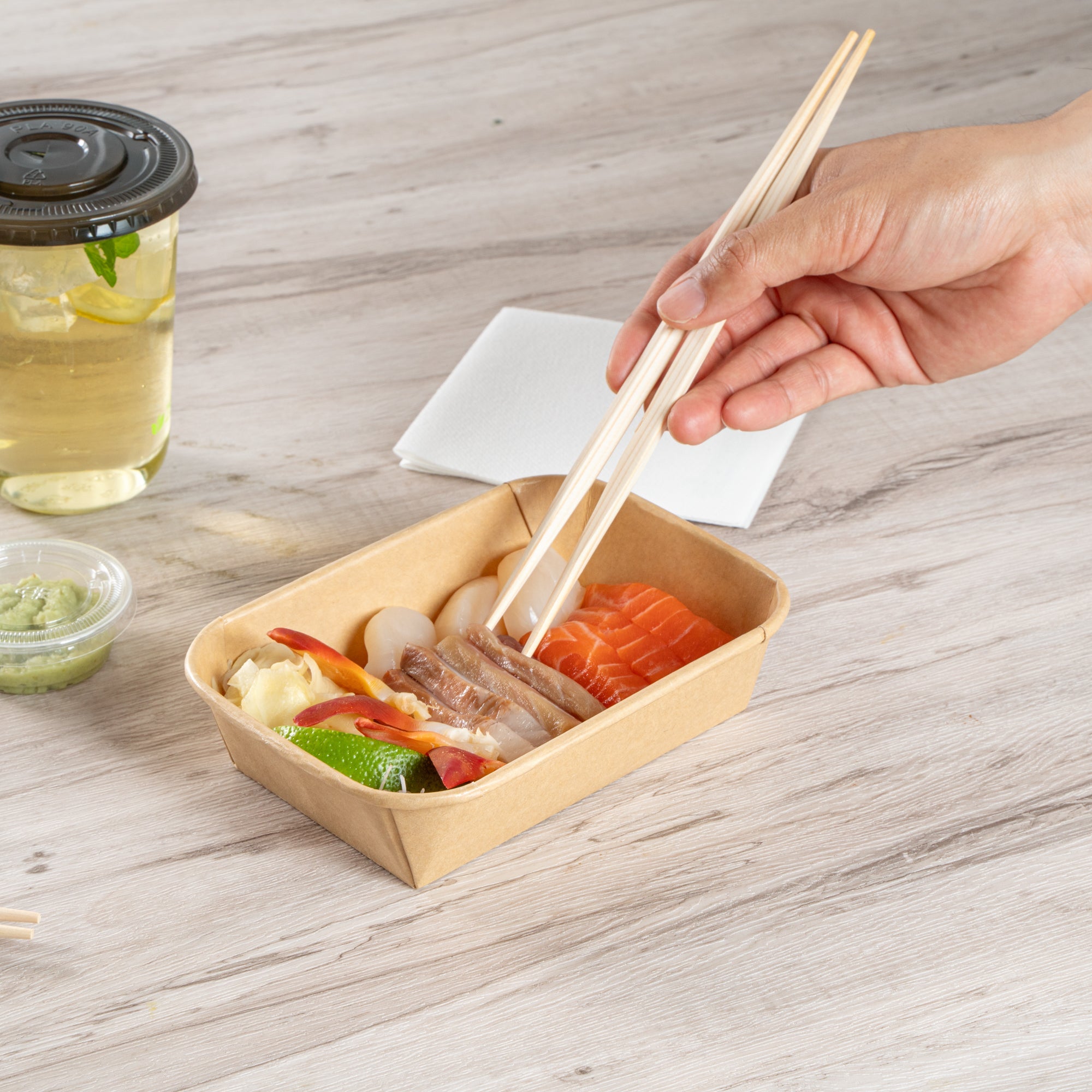 Matsuri Vision 17 oz Rectangle Kraft Paper Sushi Container - 6 1/2" x 4 3/4" x 1 1/2" - 100 count box