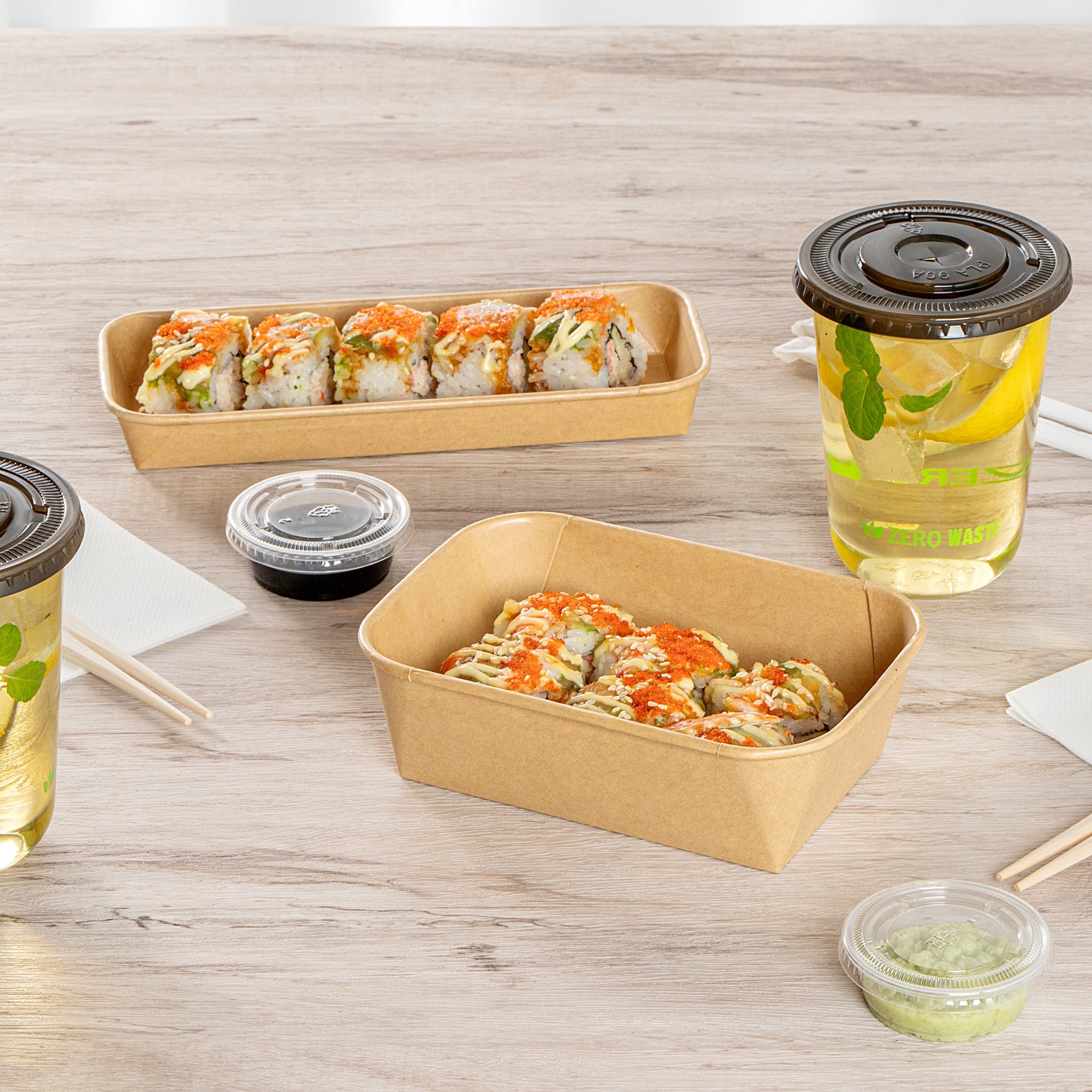 Matsuri Vision 22 oz Rectangle Kraft Paper Sushi Container - 6 1/2" x 4 3/4" x 2" - 100 count box
