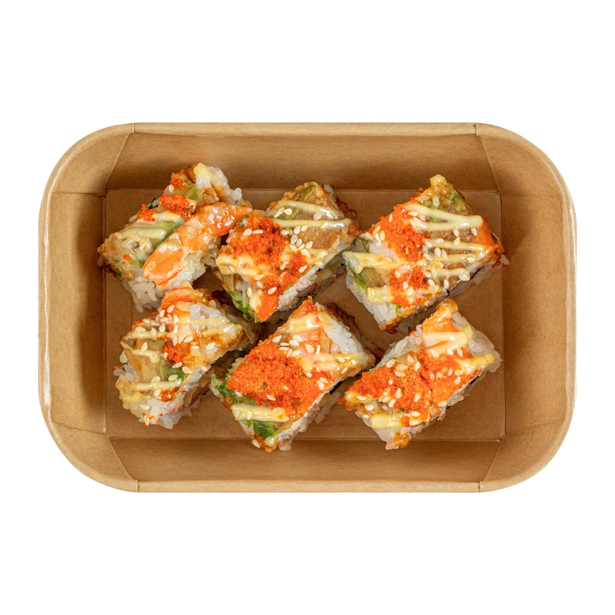 Matsuri Vision 22 oz Rectangle Kraft Paper Sushi Container - 6 1/2" x 4 3/4" x 2" - 100 count box
