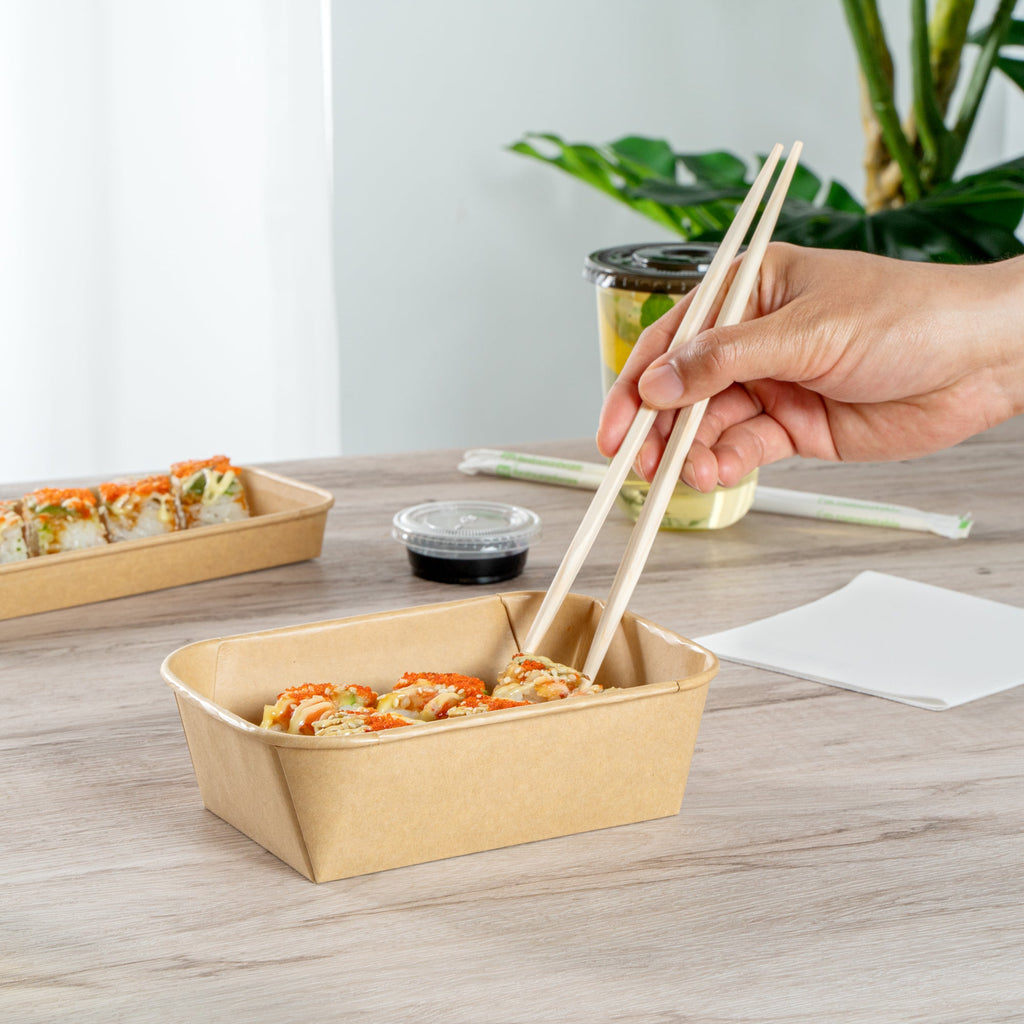 Matsuri Vision 22 oz Rectangle Kraft Paper Sushi Container - 6 1/2" x 4 3/4" x 2" - 100 count box