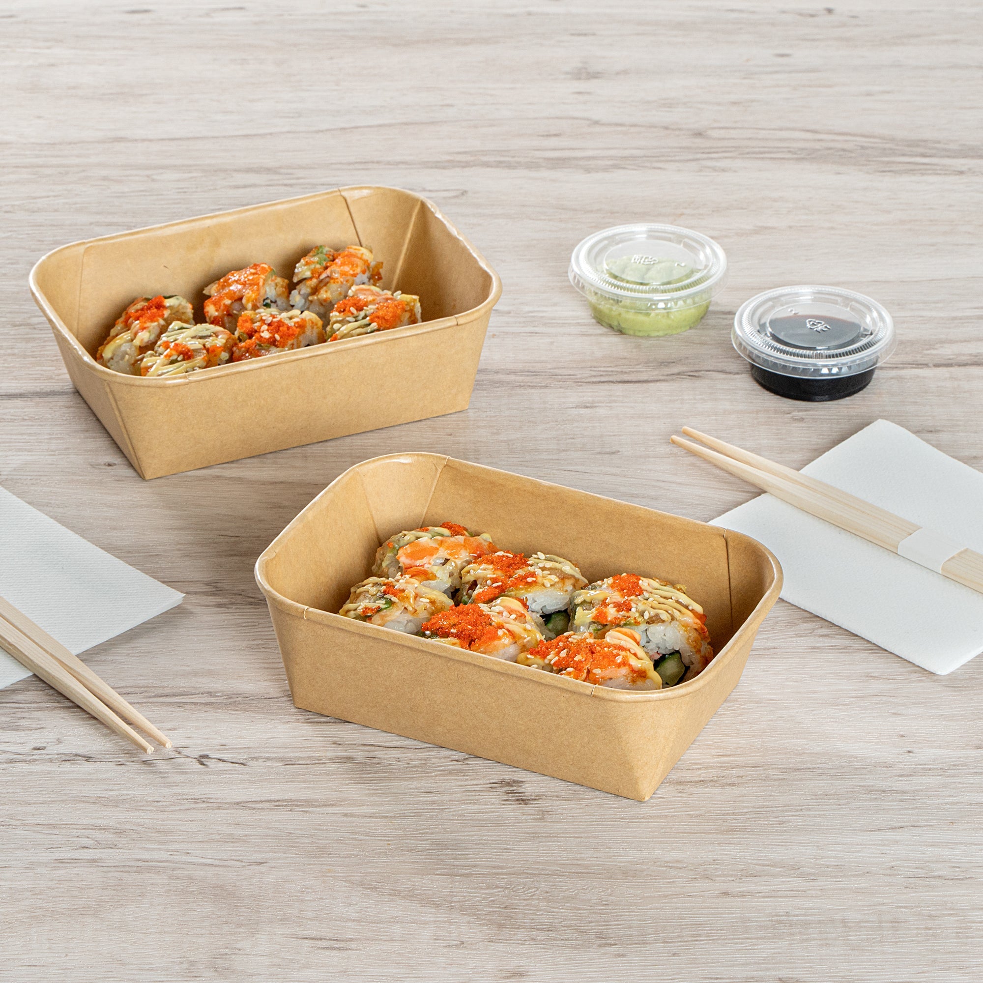 Matsuri Vision 22 oz Rectangle Kraft Paper Sushi Container - 6 1/2" x 4 3/4" x 2" - 100 count box