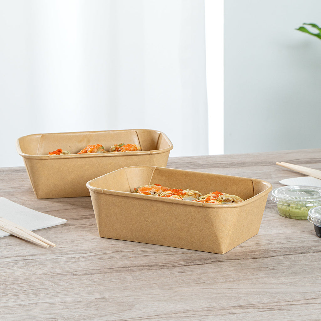 Matsuri Vision 22 oz Rectangle Kraft Paper Sushi Container - 6 1/2" x 4 3/4" x 2" - 100 count box