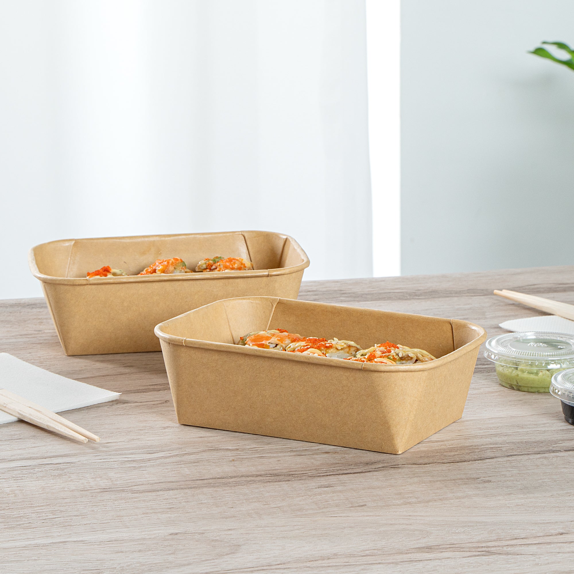 Matsuri Vision 22 oz Rectangle Kraft Paper Sushi Container - 6 1/2" x 4 3/4" x 2" - 100 count box