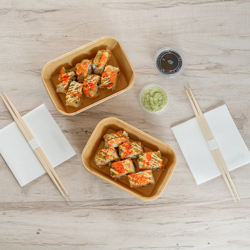 Matsuri Vision 22 oz Rectangle Kraft Paper Sushi Container - 6 1/2" x 4 3/4" x 2" - 100 count box