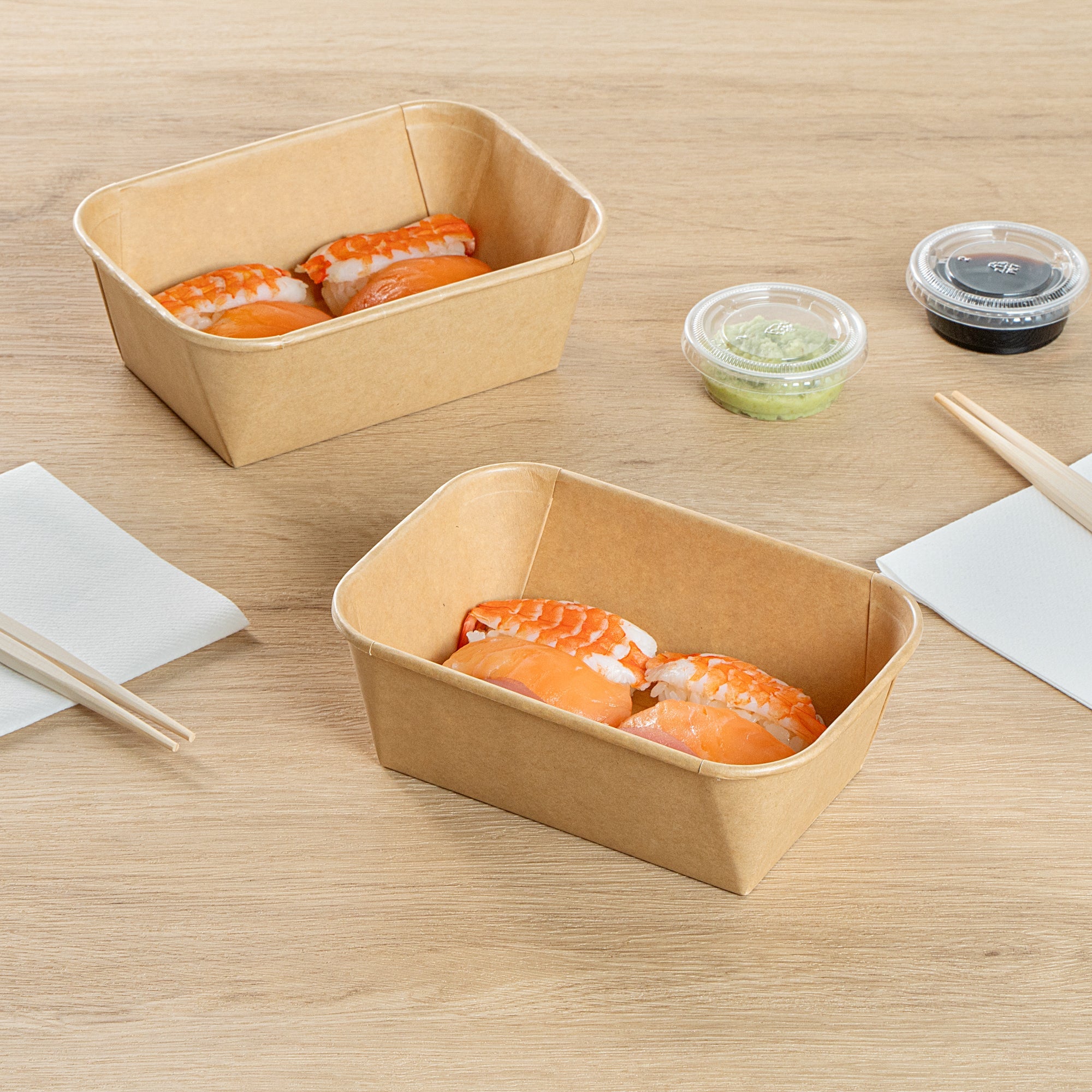 Matsuri Vision 26 oz Rectangle Kraft Paper Sushi Container - 6 1/2" x 4 3/4" x 2 1/4" - 50 count box