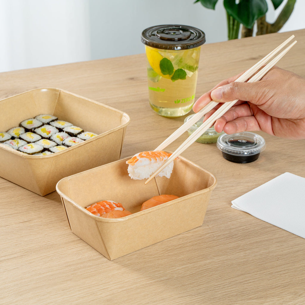 Matsuri Vision 26 oz Rectangle Kraft Paper Sushi Container - 6 1/2" x 4 3/4" x 2 1/4" - 50 count box