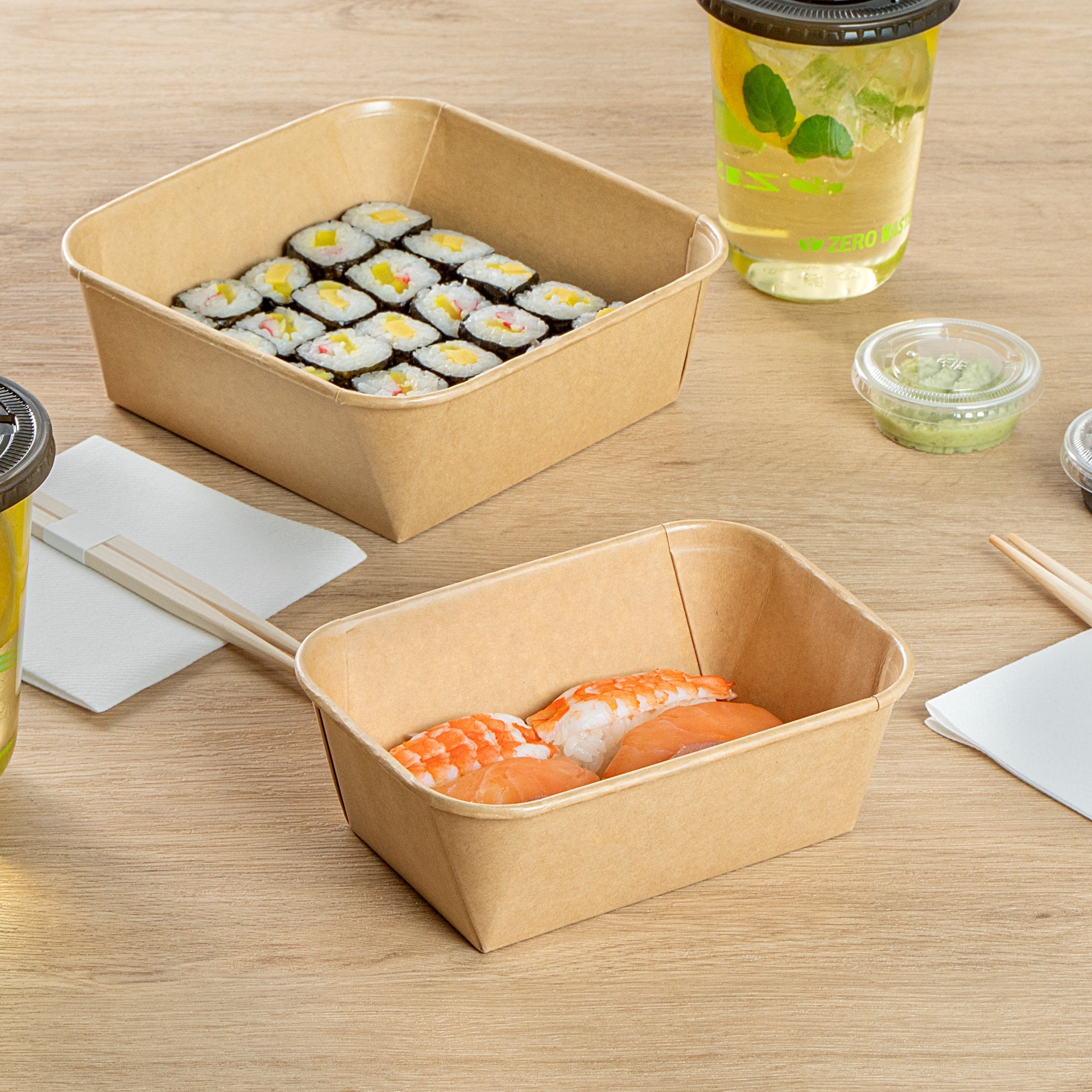 Matsuri Vision 26 oz Rectangle Kraft Paper Sushi Container - 6 1/2" x 4 3/4" x 2 1/4" - 50 count box