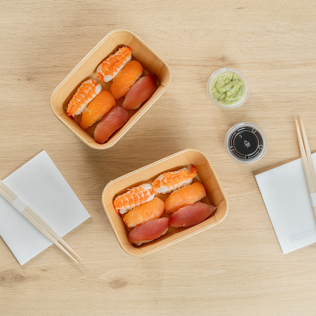 Matsuri Vision 26 oz Rectangle Kraft Paper Sushi Container - 6 1/2" x 4 3/4" x 2 1/4" - 100 count box