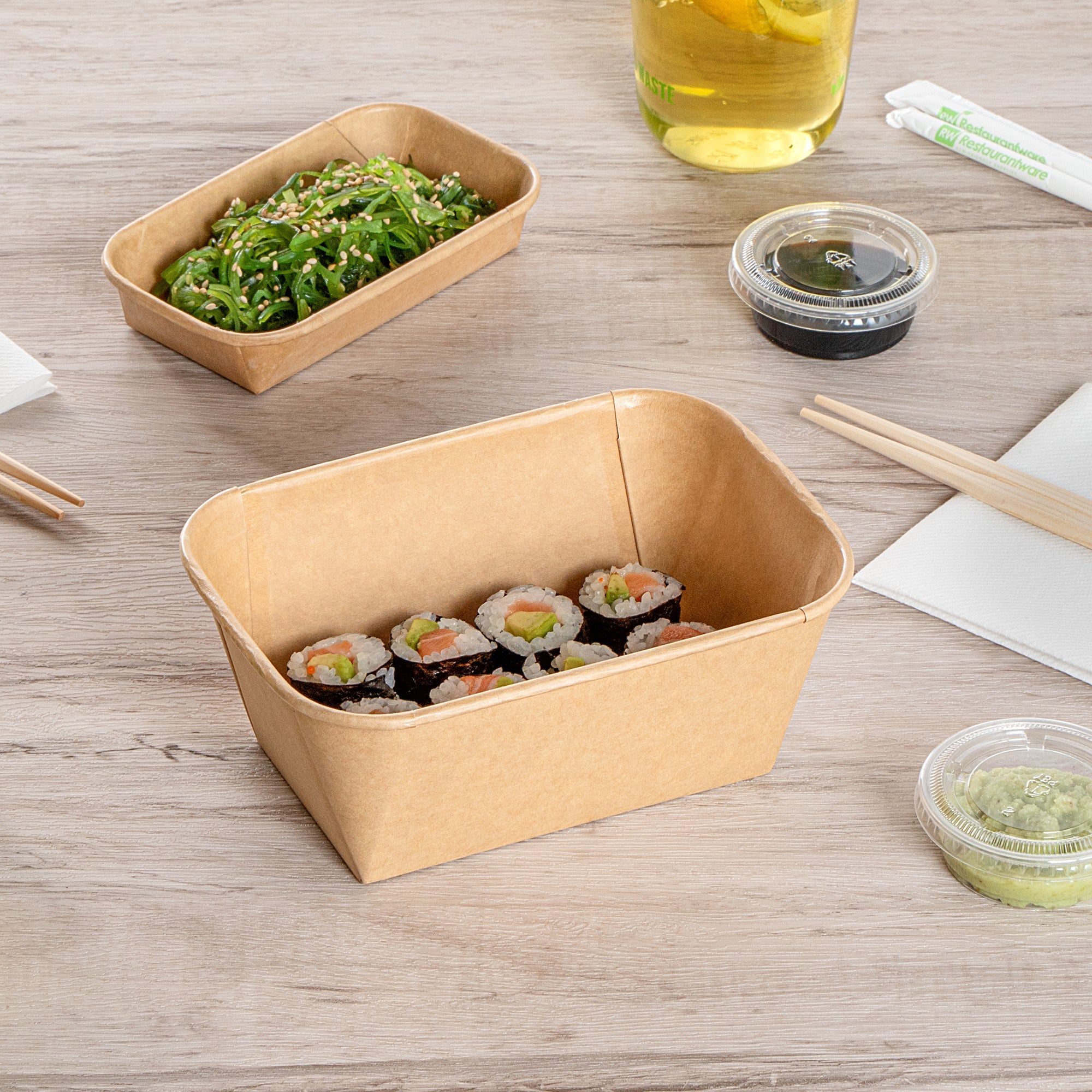 Matsuri Vision 34 oz Rectangle Kraft Paper Sushi Container - 6 1/2" x 4 3/4" x 2 3/4" - 100 count box