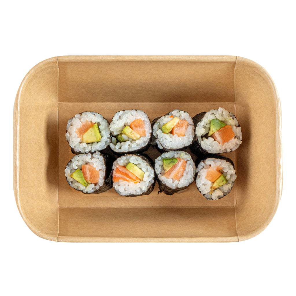Matsuri Vision 34 oz Rectangle Kraft Paper Sushi Container - 6 1/2" x 4 3/4" x 2 3/4" - 50 count box