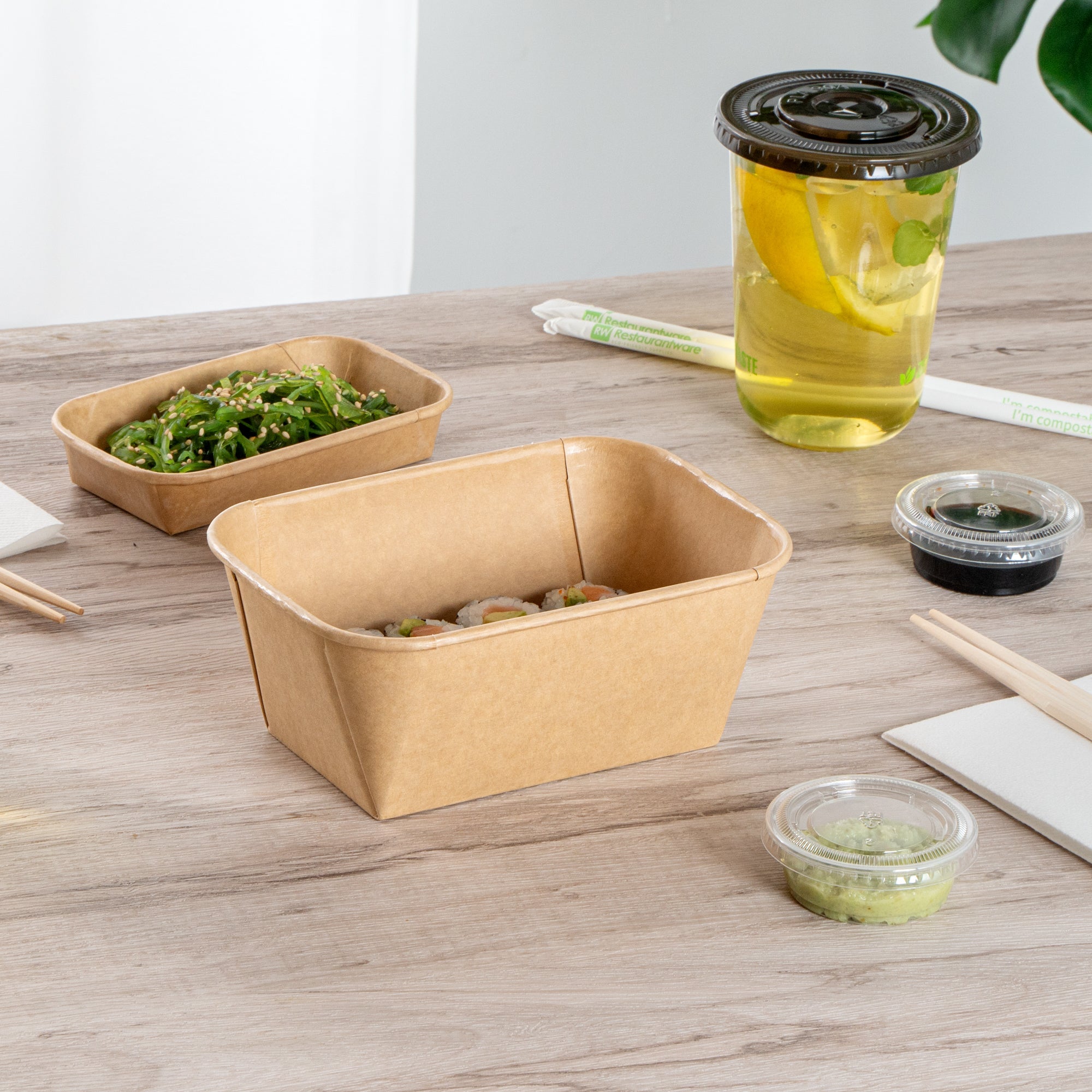 Matsuri Vision 34 oz Rectangle Kraft Paper Sushi Container - 6 1/2" x 4 3/4" x 2 3/4" - 50 count box