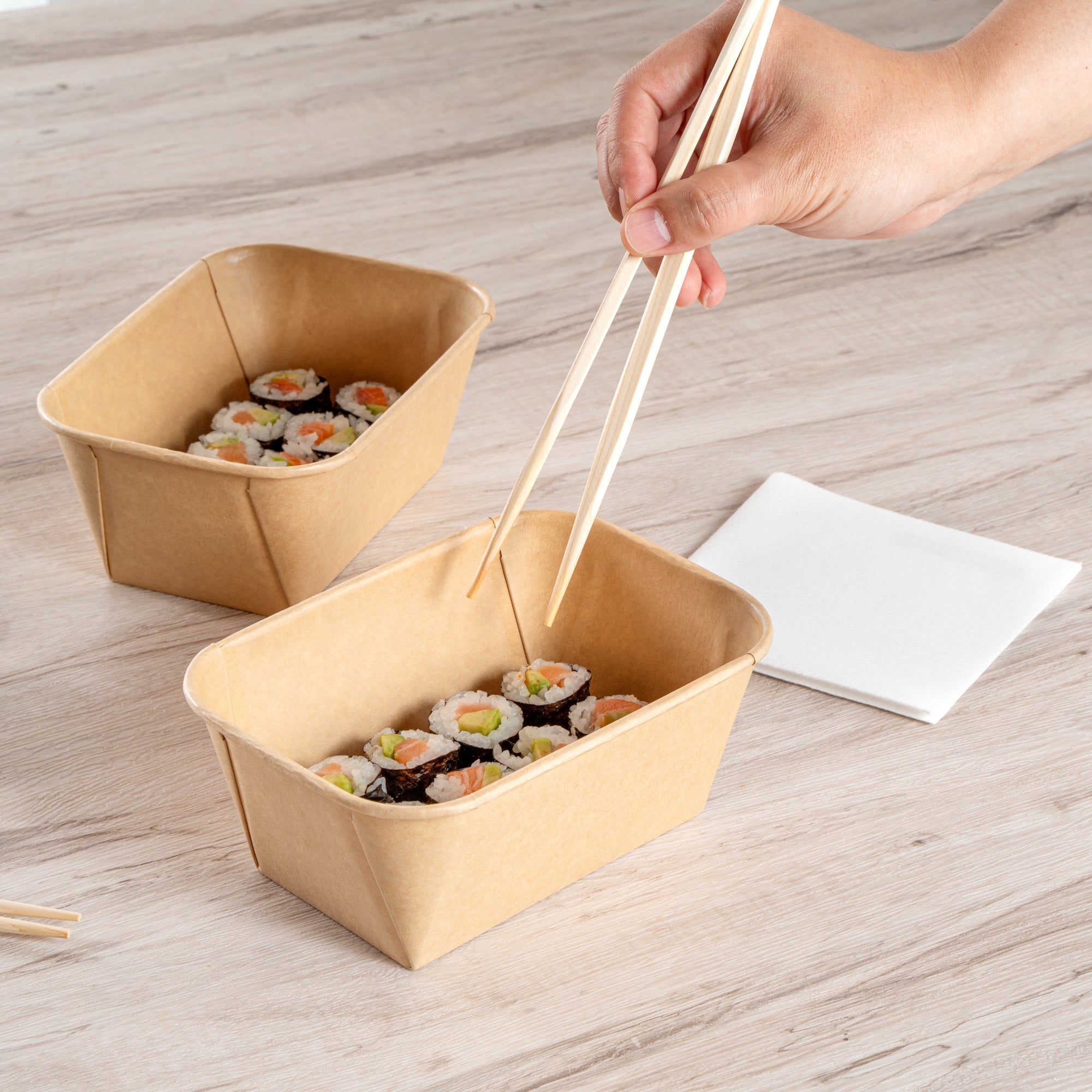 Matsuri Vision 34 oz Rectangle Kraft Paper Sushi Container - 6 1/2" x 4 3/4" x 2 3/4" - 50 count box