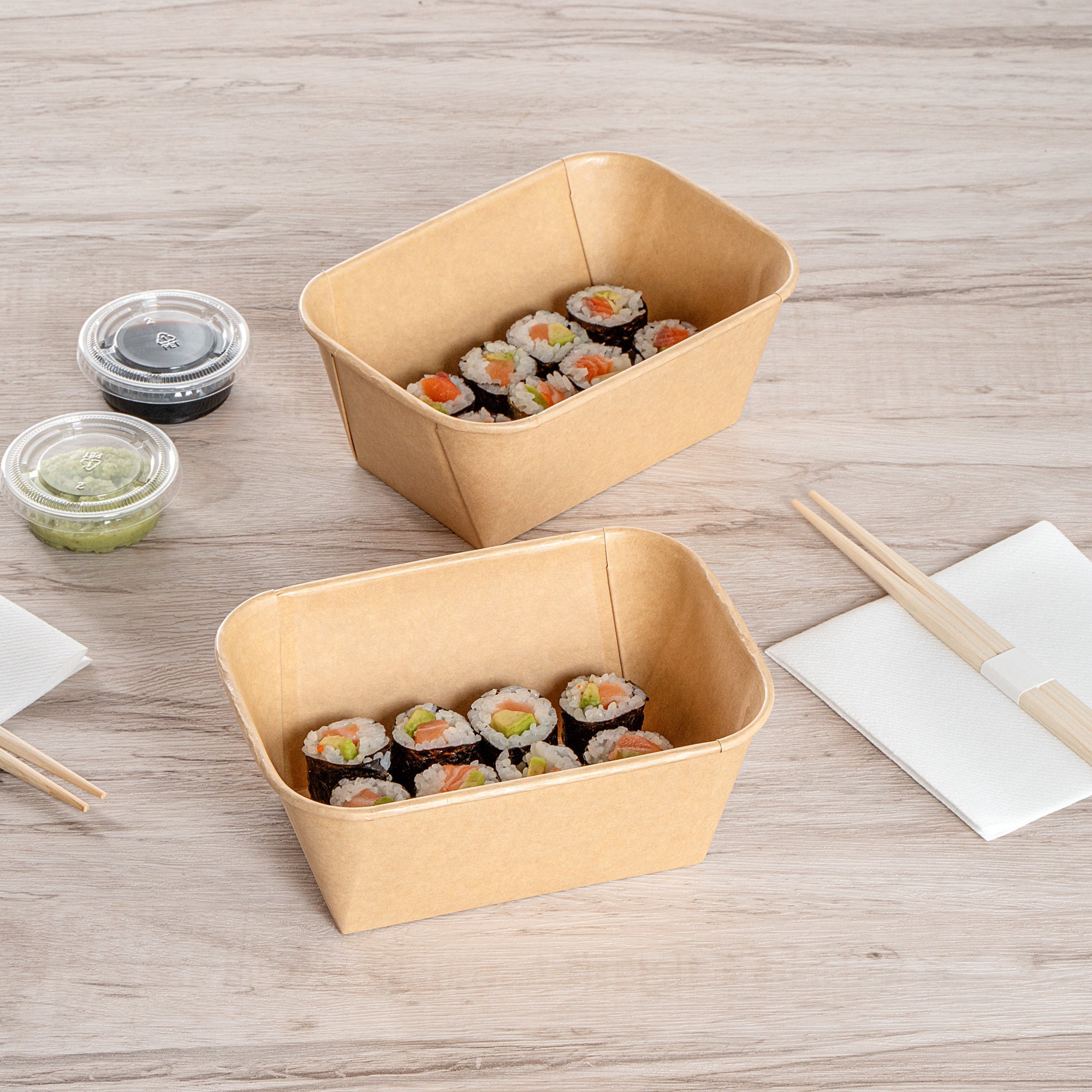 Matsuri Vision 34 oz Rectangle Kraft Paper Sushi Container - 6 1/2" x 4 3/4" x 2 3/4" - 50 count box