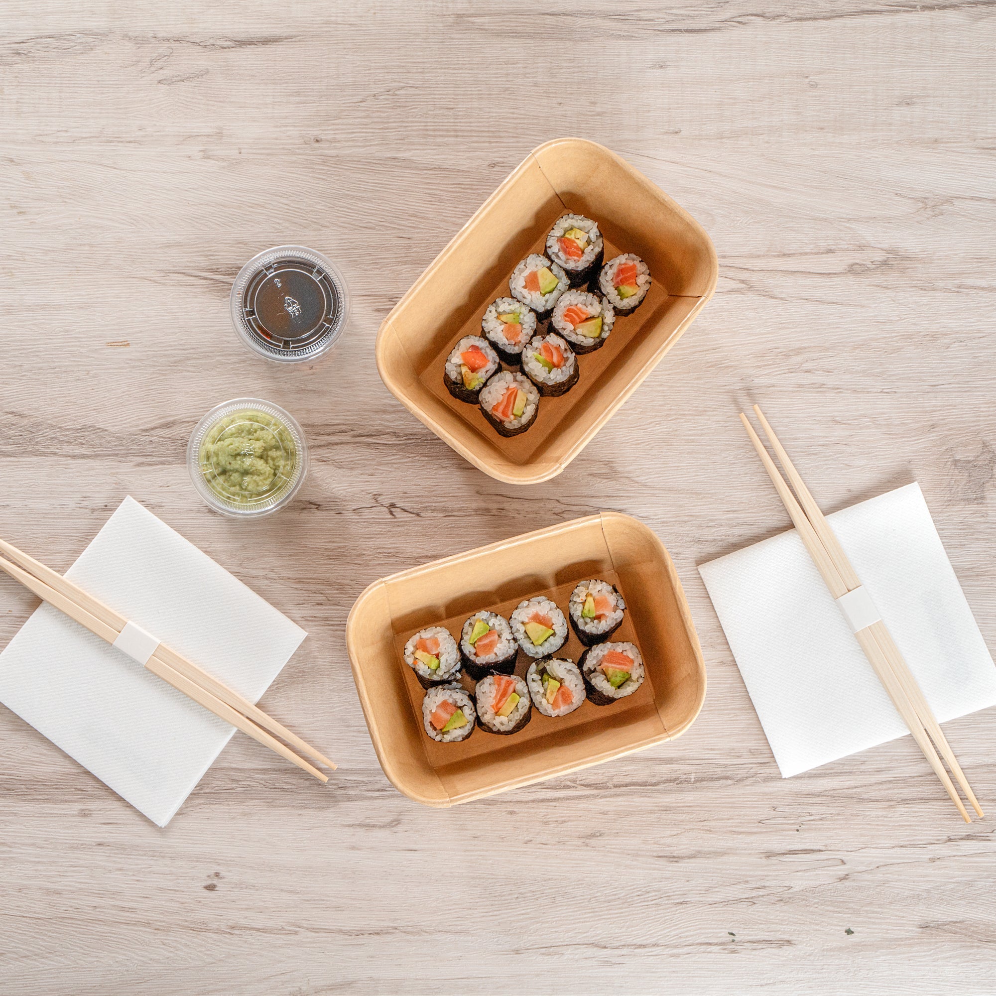 Matsuri Vision 34 oz Rectangle Kraft Paper Sushi Container - 6 1/2" x 4 3/4" x 2 3/4" - 50 count box